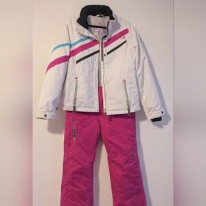 Obermeyer White Ski Puffer Jacket & Pink Ski Pants 18 JR